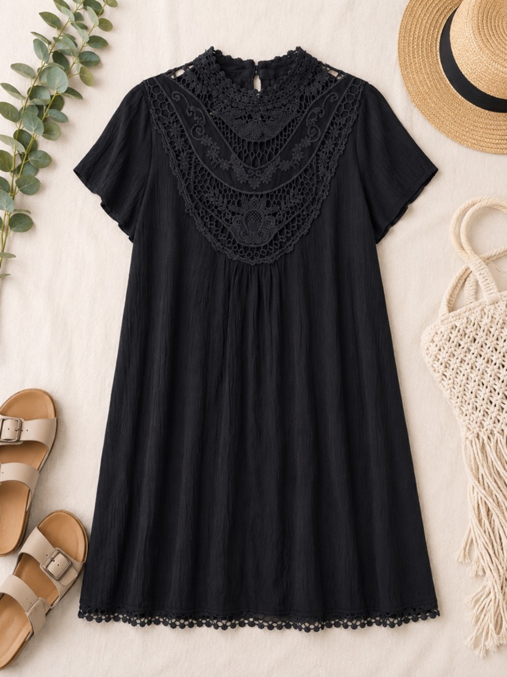Altar’d State Black Lace Crochet Babydoll Dress Size Medium Autumn Wedding Guest - Picture 2 of 8